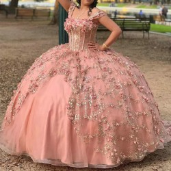 Princess Pink Girls Quinceanera Dresses Golld Applique Lace Flower Tull Lace Up Ball Gown Bithday Party Prom Wear Vestido De 16