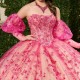 Puff Sleeve Hot PInk Removable Quinceanera Dress Applique Lace-up Vestidos De 15 Quinceanera Sweet 16 Dresses