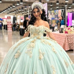 Beaded Aqua Blue Shiny Quinceanera Dresses Appliques Lace Sweet 16 Ball Gown Tulle Vestidos XV 15 Anos Prom Gown