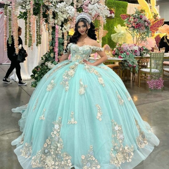 Beaded Aqua Blue Shiny Quinceanera Dresses Appliques Lace Sweet 16 Ball Gown Tulle Vestidos XV 15 Anos Prom Gown