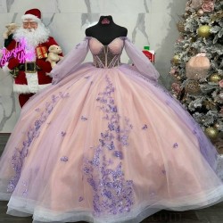 Pink Lavender Princess Quinceanera Dresses Off Shoulder Applique Bow Lace-up Corset Cathedral Train vestido de 15 anos