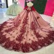 Red Shiny 3D Flowers Off The Shoulder Ball Gown Quinceanera Dresses Applique Beads Tull Lace Up Sweet 15 16 Dress vestidos de 15