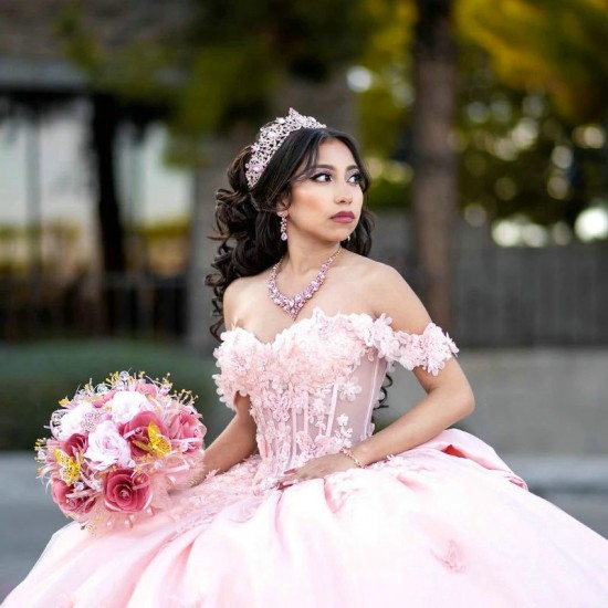 Pink Shiny Quinceanera Dress Sequined Ball Gown Sparkly Sweet 16 Year With Bow Princess Dresses For 15 Years Vestidos