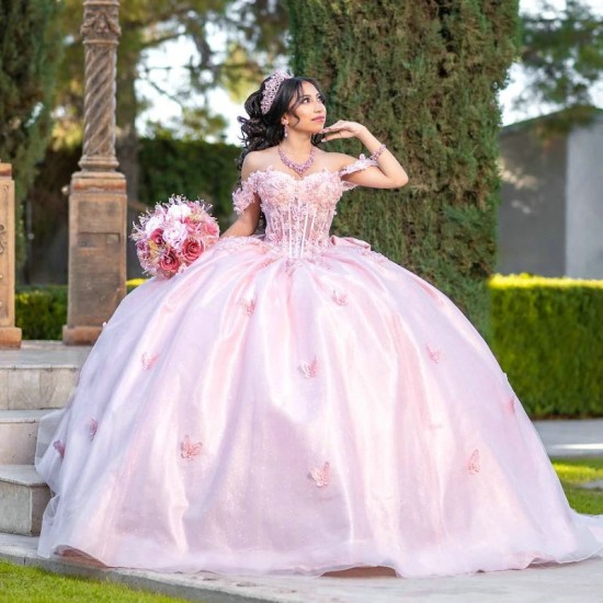 Pink Shiny Quinceanera Dress Sequined Ball Gown Sparkly Sweet 16 Year With Bow Princess Dresses For 15 Years Vestidos