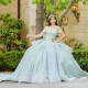 Ruffles Aqua Blue Glitter Crystal Ball Gown Quinceanera Dresses Off The Shoulder Beading Pleat Tull Corset Vestido De 15 Anos