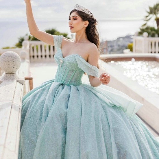 Ruffles Aqua Blue Glitter Crystal Ball Gown Quinceanera Dresses Off The Shoulder Beading Pleat Tull Corset Vestido De 15 Anos