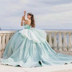 Ruffles Aqua Blue Glitter Crystal Ball Gown Quinceanera Dresses Off The Shoulder Beading Pleat Tull Corset Vestido De 15 Anos