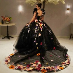 Ruffles Black Quinceanera Dresses Ball Gown Rhinestones Applique Beads Flowers Tull Court Train Robes De Soiree Tailored vestido