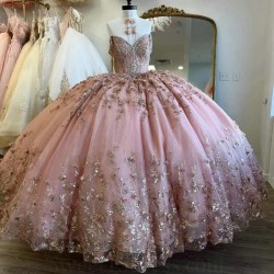 Ruffles Pink Glitter Beading Crystal Ball Gown Quinceanera Dresses Off The Shoulder Sequined Applique Lace Corset Vestidos De 15