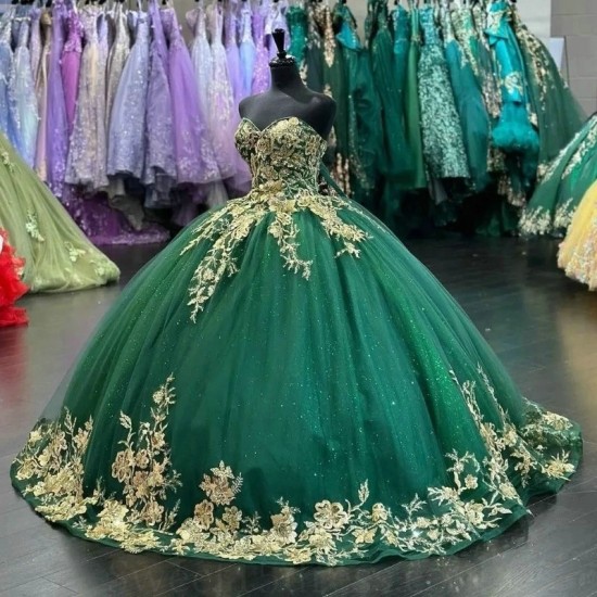 Sequins 2024 Green Quinceanera Dresses Sweetheart Ball Gown Princess Birthday Gown Gold Applique Lace Sweet 16 vestidos de 15