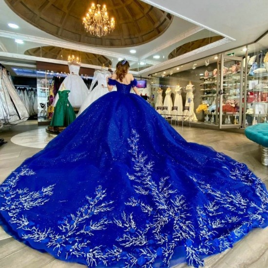 Shining Blue Quinceanera Dress Mexican Vestido De 15 Princess Sweet 16 Birthday Ball Gown 3D Flower Beads Tull Gown Long Train