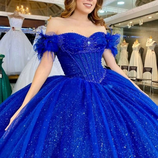 Shining Blue Quinceanera Dress Mexican Vestido De 15 Princess Sweet 16 Birthday Ball Gown 3D Flower Beads Tull Gown Long Train