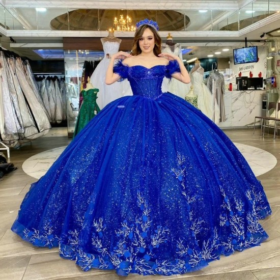 Shining Blue Quinceanera Dress Mexican Vestido De 15 Princess Sweet 16 Birthday Ball Gown 3D Flower Beads Tull Gown Long Train