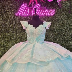 Shiny Aqua Blue Quinceanera Dresses Princess Sweet 16 Girls Applique Lace Beads Party Prom Dress Pageant Wear 15 vestidos de xv