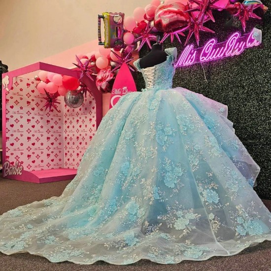 Shiny Aqua Blue Quinceanera Dresses Princess Sweet 16 Girls Applique Lace Beads Party Prom Dress Pageant Wear 15 vestidos de xv