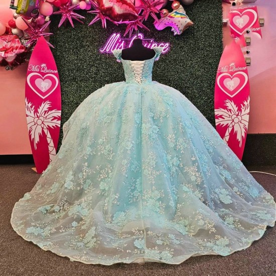 Shiny Aqua Blue Quinceanera Dresses Princess Sweet 16 Girls Applique Lace Beads Party Prom Dress Pageant Wear 15 vestidos de xv