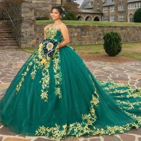 Shiny Ball Gown Green Quinceanera Dresses Bowknot Strapless Gold Appliques Lace Tull Robe Quinceanera vestidos de 15