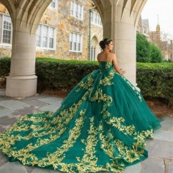 Shiny Ball Gown Green Quinceanera Dresses Bowknot Strapless Gold Appliques Lace Tull Robe Quinceanera vestidos de 15