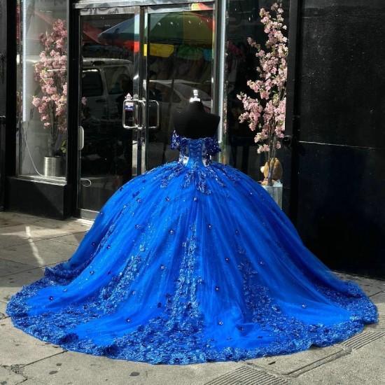 Shiny Blue Quinceanera Dresses Ball Gown Applique Lace Beads Birthday Party Dress Lace Up Graduation Gown Sweetheart de 15 anos