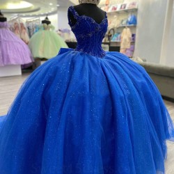 Shiny Blue Quinceanera Dresses Ball Gown Formal Prom Graduation Gowns Beads Crystal Lace Up Sweet 15 16 Dress vestidos de 15anos