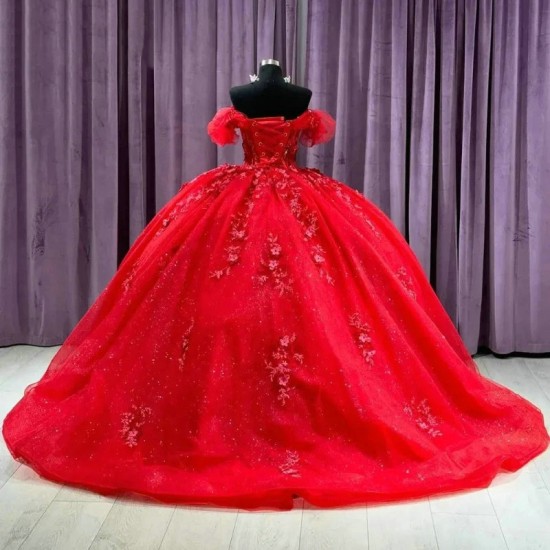 Shiny Floral Appliques Lace Ball Gown Red Quinceanera Dresses Off The Shoulder Shiny Crystal Corset Vestidos De 15 Anos