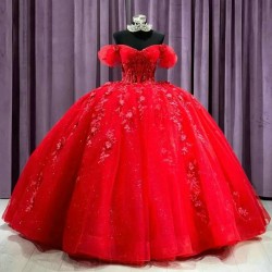 Shiny Floral Appliques Lace Ball Gown Red Quinceanera Dresses Off The Shoulder Shiny Crystal Corset Vestidos De 15 Anos