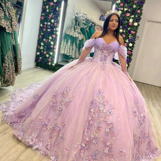 Shiny Lavender Ball Gown Quinceanera Dresses Sweetheart Flowers Lace Appliques Beading Off the Shoulder Vestidos De 15 Anos