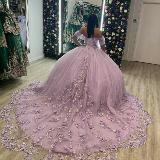 Shiny Lavender Ball Gown Quinceanera Dresses Sweetheart Flowers Lace Appliques Beading Off the Shoulder Vestidos De 15 Anos