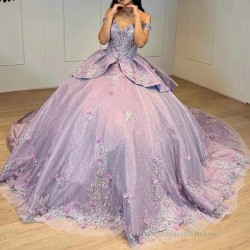 Shiny Lilac Ball Gown Quinceanera Dresses Off The Shoulder Beading Appliques Lace 3D Flowers Ruffles Corset Vestidos De 15 Anos