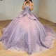 Shiny Lilac Ball Gown Quinceanera Dresses Off The Shoulder Beading Appliques Lace 3D Flowers Ruffles Corset Vestidos De 15 Anos