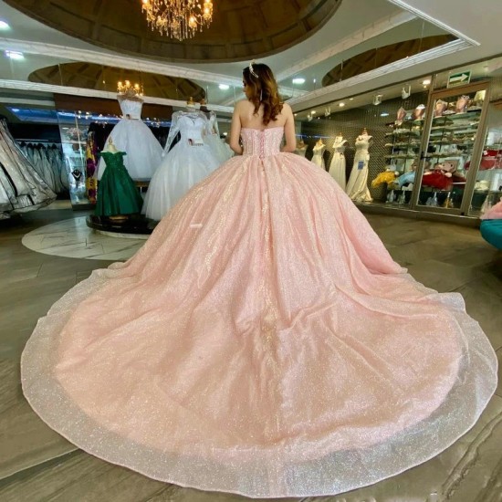 Shiny Off The Shoulder Ball Gown Pink Quinceanera Dresses Ruffles Sequined Appliques Lace Beads Corset Vestidos De 15 Anos