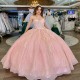 Shiny Off The Shoulder Ball Gown Pink Quinceanera Dresses Ruffles Sequined Appliques Lace Beads Corset Vestidos De 15 Anos