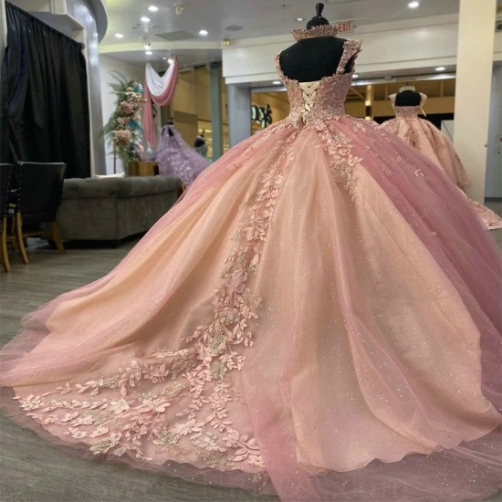 Shiny Pink Quinceanera Dresses Ball Gown Applique Lace Beads Prom Party Sweet 16 Years Girl Birthday Party Vestidos 15 Anos