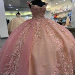 Shiny Pink Quinceanera Dresses Ball Gown Applique Lace Beads Prom Party Sweet 16 Years Girl Birthday Party Vestidos 15 Anos