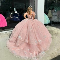 Shiny Pink Quinceanera Dresses for 15 Year Ball Gown Sexy V Neck Off the Shoulder Applique Lace Tull Long Party Dress for Girl