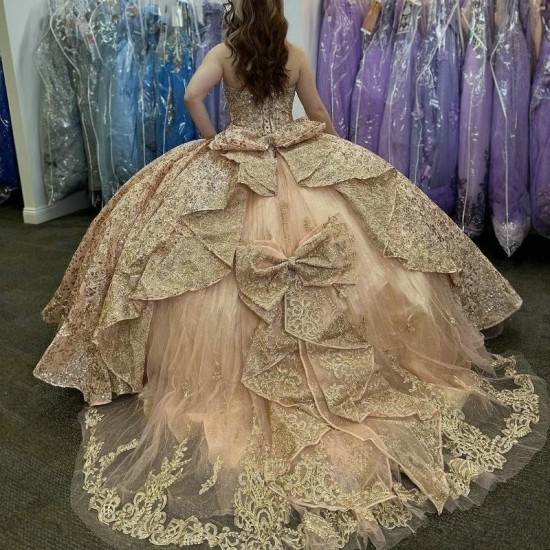 Shiny Gold Quinceanera Dress 2024 Ball Gown Big Bow For Sweet 16 15 Sequined Lace Beads Princess Vestidos De XV 15 Anos