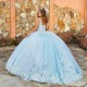 Sky Blue Shiny Quinceanera Dresses Ball Gown Applique Lace Beads With Cape Prom Party Sweet 16 Years Girl Birthday Party Vestido