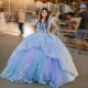 Sky Blue V-Neck Ball Gown Quinceanera Dress Appliques Off The Shoulder Birthday Party Gowns Beaded Prom Dresses Vestido De 15