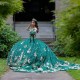 Sleeveless Green Quinceanera Dresses Sequined Ball Gown Off The Shoulder Gold Applique Lace Corset Vestidos Para XV 15Anos