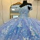 Sleeveless Sky Blue Quinceanera Dresses Crystal Sequined Ball Gown Off The Shoulder 3D Flowers Tull Corset Vestidos Para XV 15