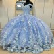 Sleeveless Sky Blue Quinceanera Dresses Crystal Sequined Ball Gown Off The Shoulder 3D Flowers Tull Corset Vestidos Para XV 15