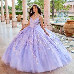 Spaghetti Strap Floral Gown Lilac Quinceanera Dress 2024 Sequin Applique Lace Basque Glitters Vestidos De 15 Quinceanera