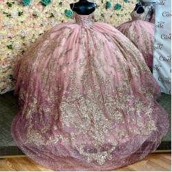 Spaghetti Strap Pink Quinceanera Dresses Ball Gown Birthday Party Vestidos 15 Anos Gold Applique Lace Beads Princess