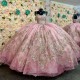 Spaghetti Strap Pink Quinceanera Dresses Ball Gown Birthday Party Vestidos 15 Anos Gold Applique Lace Beads Princess