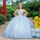 Spaghetti Strap Princess Sky Blue Quinceanera Dresses Bow Beads Tull Corset Sweet 16 Dress Vestidos De 15 Anos Birthday