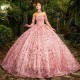 Sparkly Appliques Lace Crystal Pink Quinceanera Dresses Ball Gown Beading Ruffles Corset For Sweet 16 Girls vestidos de