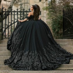 Sparkly Black Princess Off Shoulder Quinceanera Dresses Sweetheart Lace Applique Flower Sweet 16 Ball Gown Vestidos De 15 Anos