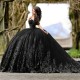 Sparkly Black Princess Off Shoulder Quinceanera Dresses Sweetheart Lace Applique Flower Sweet 16 Ball Gown Vestidos De 15 Anos