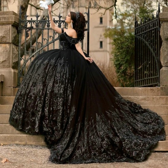 Sparkly Black Princess Off Shoulder Quinceanera Dresses Sweetheart Lace Applique Flower Sweet 16 Ball Gown Vestidos De 15 Anos