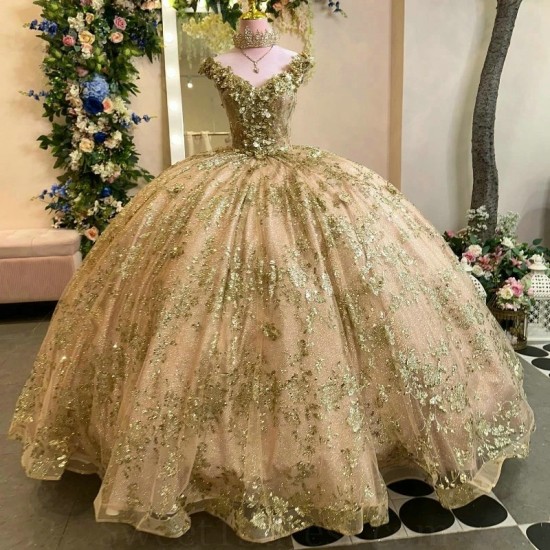 Sparkly Champagne Gold Ball Gown Quinceanera Dress 2024 Off The Shoulder Applique Bead Birthday Party Sweet Vestidos De 15 Anos